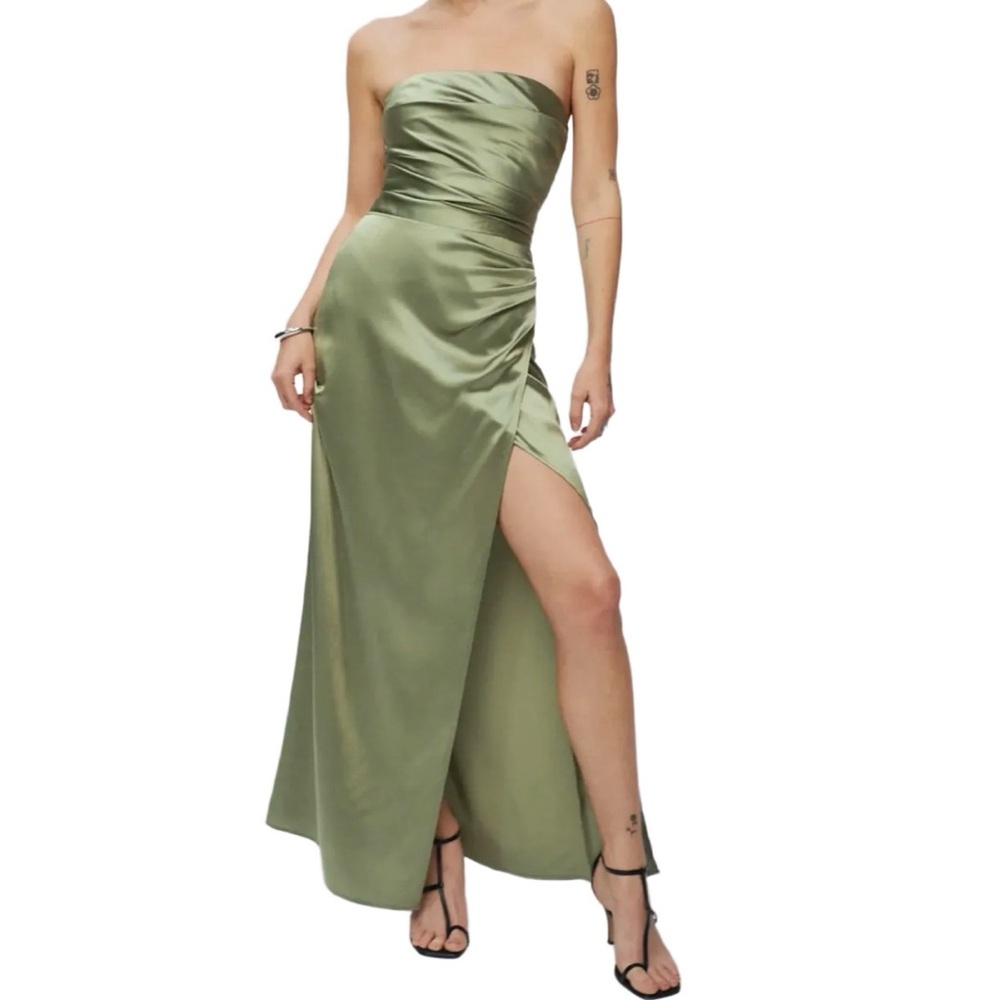 Reformation Olive Green Strapless Satin Gown